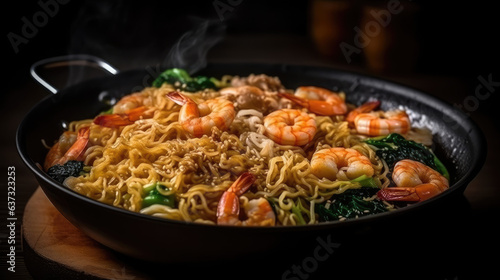 Stir-fried instant noodles sukiyaki with shrimps.