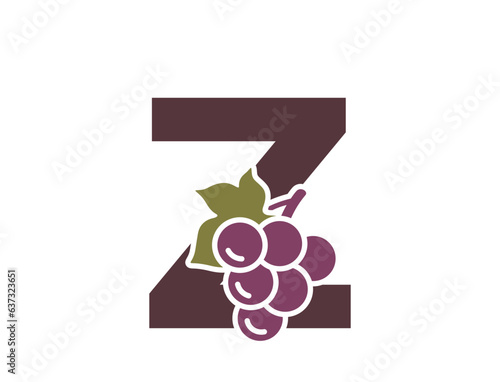 letter z with grapes. fruit and organic food text logo. gardening, harvest and winemaking design