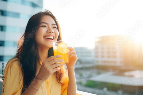 Happiness Asian Woman Holds And Eats Lemonade On City Background