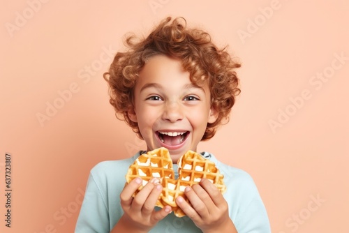 Happiness Boy Holds And Eats Waffles On Pastel Background. Сoncept Happiness, Breakfast Comfort Foods, Colorful Backdrops, Joyful Childhood Moments