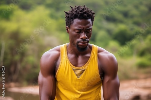 Sadness African Man In A Yellow Tank Top On Nature Landscape Background. Сoncept Sadness, African Man, Yellow Tank Top, Nature Landscape