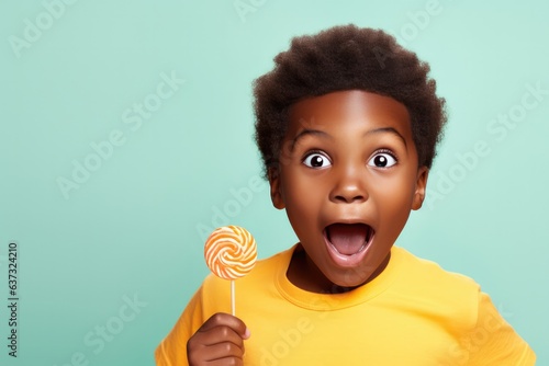 Surprise African Boy Holds And Eats Candy On Pastel Background