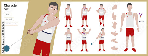 Illustration of male athlete with medal in a set of multiple poses. Easy to edit with editable line strokes and isolated on white background. Suitable for animation. 