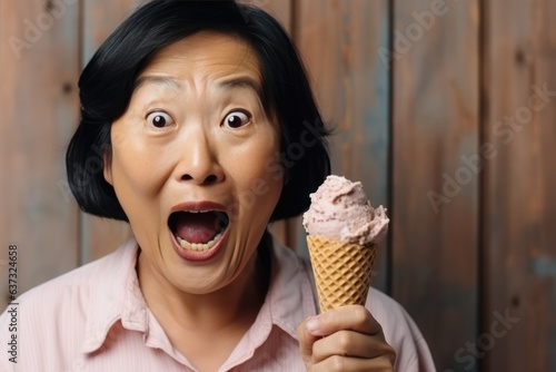 Surprise Asian Middleaged Woman Holds And Eats Ice Cream On Wooden Plank Background. Сoncept Surprise Moments, Asian Cuisine, Middle Age Women, Ice Cream photo