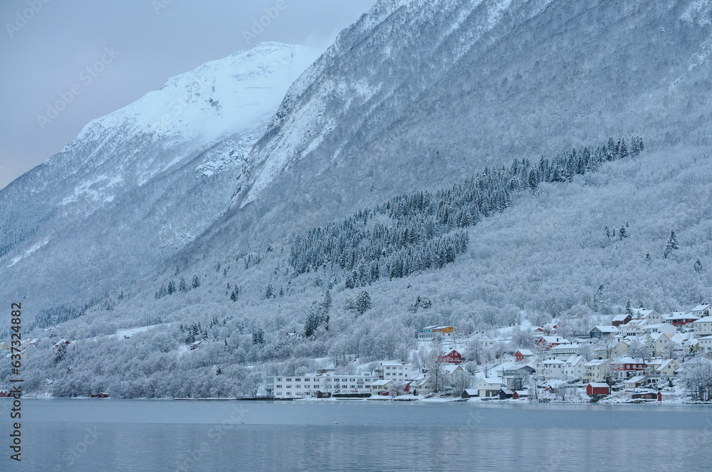 cluster of houses by the sea under snow-covered high mountains