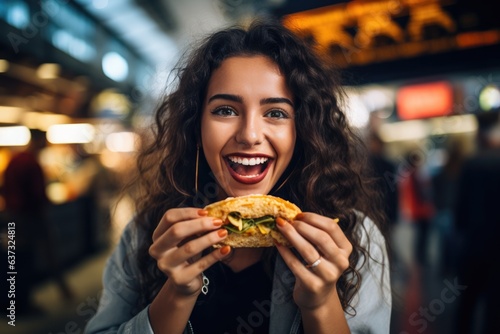 Surprise Woman Holds And Eats Taco On At The Airport.   oncept The Surprise Of Holding And Eating A Taco At The Airport  Unexpected Dining Options At The Airport