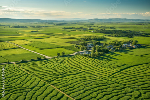 Aerial view with Landscape of many fields farmland with different plants such as flowering season and green wheat landscape with beautiful geometric textures. Industrial concept.