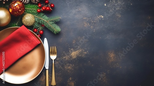 Christmas Banner Dinner Table Setting Frame With Empty Plate, Cutlery, Christmas Toys And Fir Tree. Winter Holidays Background photo