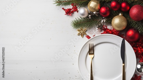 Christmas Banner Dinner Table Setting Frame With Empty Plate, Cutlery, Christmas Toys And Fir Tree. Winter Holidays Background