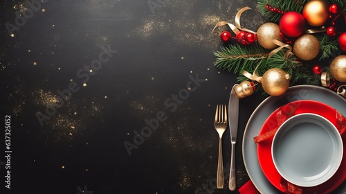 Obraz na płótnie Christmas Banner Dinner Table Setting Frame With Empty Plate, Cutlery, Christmas Toys And Fir Tree. Winter Holidays Background w salonie
