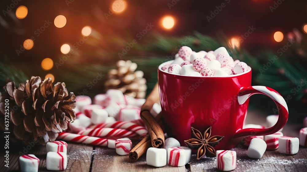 Hot drink with marshmallows and candy cane in red mug. Fir cones, spices in the background. Cozy seasonal holidays Hot drink with marshmallows and candy cane in red mug. Fir cones, spices in the background. Cozy seasonal holidays