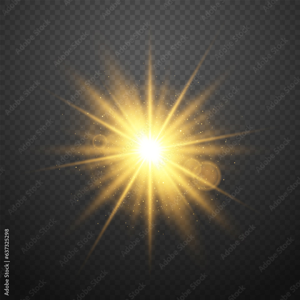 A glowing, golden star on a dark background. A shimmering, transparent light effect with highlights. Vector illustration.