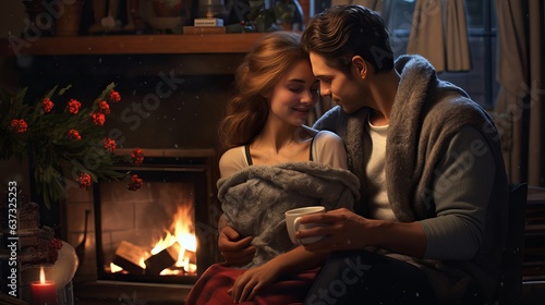 Lovely couple with sweet cocoa near fireplace indoors, closeup