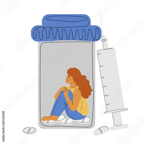 Woman with depression fighting anxiety with antidepressants and hormonal drugs. Syringes with drugs in human addicted to psychotropic injections. Drug Addiction Concept. Psychological healthcare.