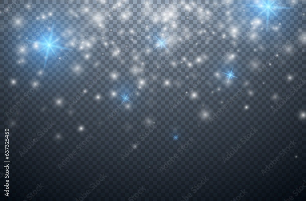 Light effect of white and blue stars and sparks. Sparkling elements on a dark transparent background. Christmas abstract pattern. Sparkling magic specks of dust. Vector illustration. Light effect of white and blue stars and sparks. Sparkling elements on a dark transparent background. Christmas abstract pattern. Sparkling magic specks of dust. Vector illustration.