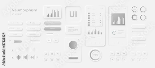 A set of user interface elements for a mobile application in white gray. User interface icons for the internet, social networks, and business. Neumorphic UI UX design collection. Vector illustration.