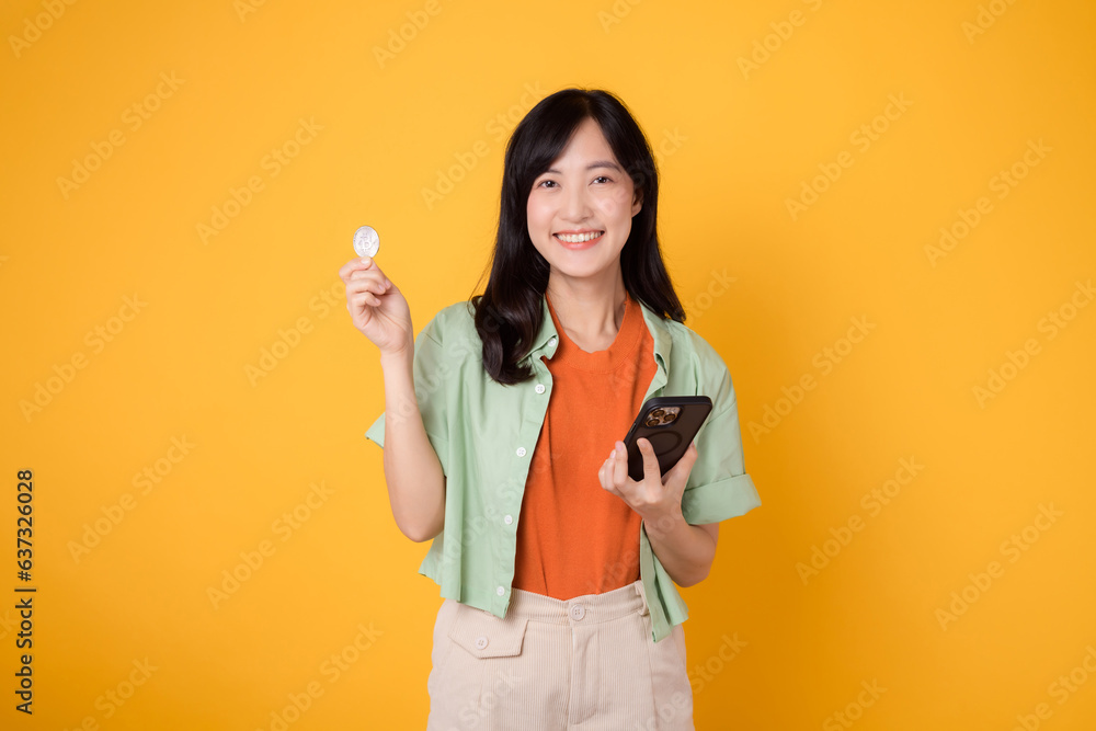 future of finance with a cheerful young Asian woman 30s, donning orange shirt and green jumper, displaying crypto currency coin while holding smartphone on yellow background. Future finance concept. future of finance with a cheerful young Asian woman 30s, donning orange shirt and green jumper, displaying crypto currency coin while holding smartphone on yellow background. Future finance concept.