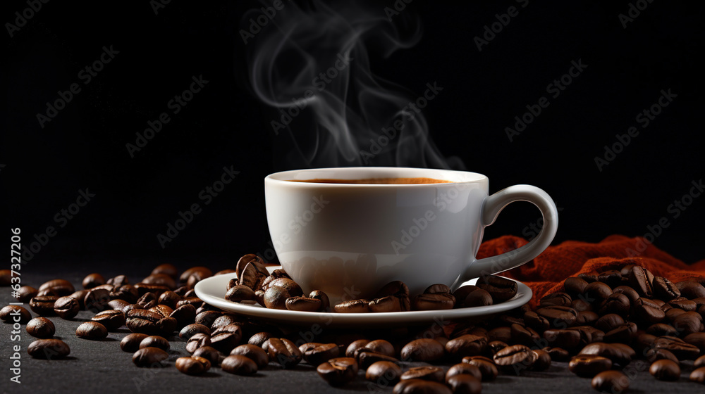 Coffee beans falling into a cup of coffee.Generative Ai Coffee beans falling into a cup of coffee.Generative Ai