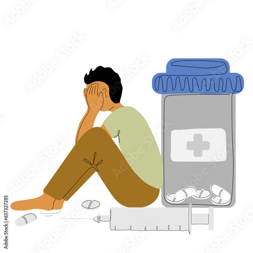 Man with depression fighting anxiety with antidepressants and hormonal drugs. Syringes with drugs in human addicted to psychotropic injections. Drug Addiction Concept. Psychological healthcare.