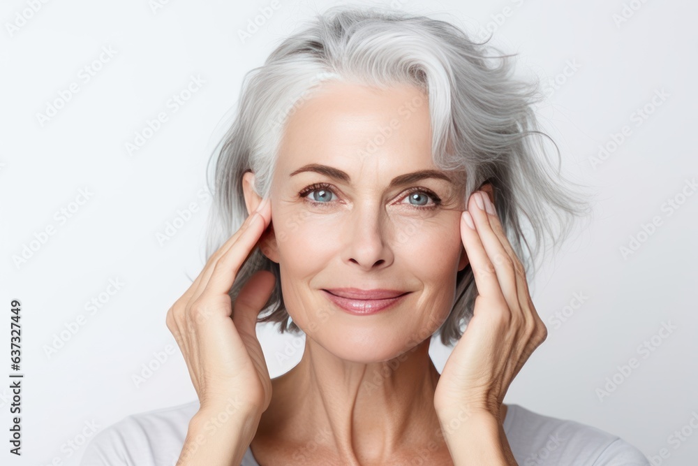 Beautiful gorgeous 50s mid aged mature woman looking at camera isolated on white. Mature old lady close up portrait. Healthy face skin care beauty, middle age skincare cosmetics, cosmetology concept. Beautiful gorgeous 50s mid aged mature woman looking at camera isolated on white. Mature old lady close up portrait. Healthy face skin care beauty, middle age skincare cosmetics, cosmetology concept.
