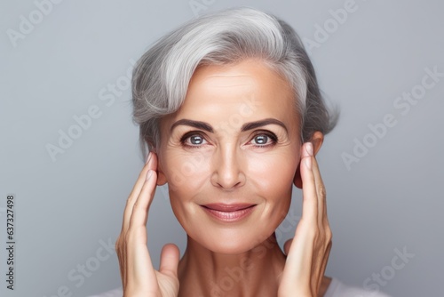 Beautiful gorgeous 50s mid aged mature woman looking at camera isolated on white. Mature old lady close up portrait. Healthy face skin care beauty, middle age skincare cosmetics, cosmetology concept. © radekcho