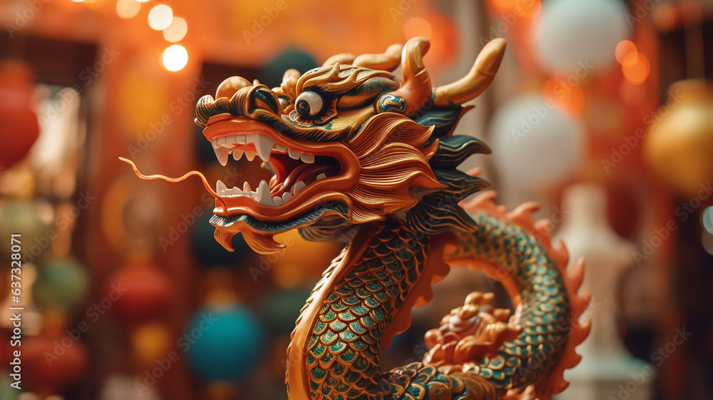 golden wooden dragon on chinese new year symbol on bokeh background golden wooden dragon on chinese new year symbol on bokeh background
