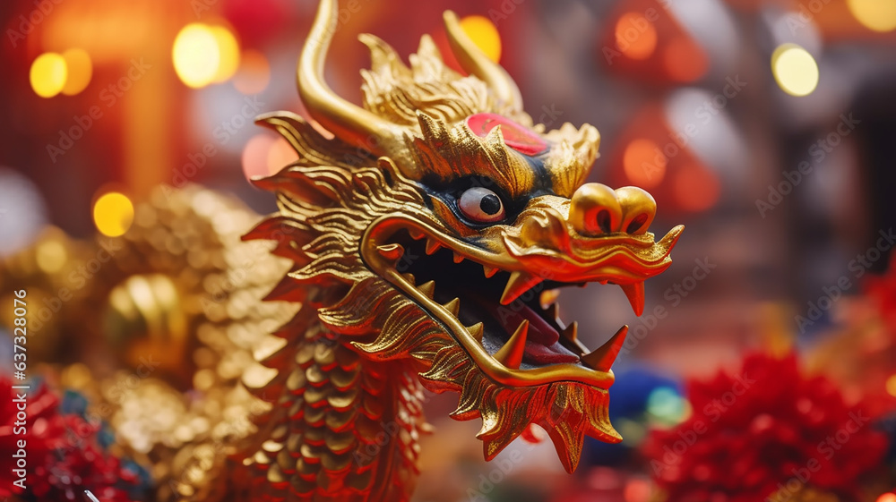 golden wooden dragon on chinese new year symbol on bokeh background