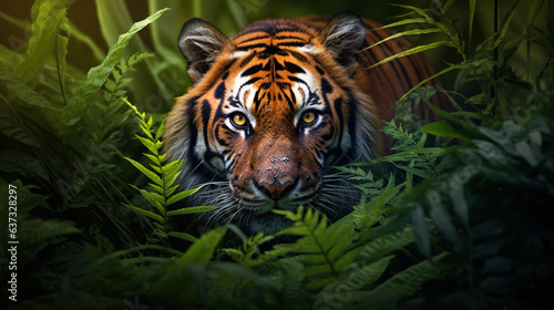 A close-up of a tiger in the jungle. Generative Ai © Shades3d
