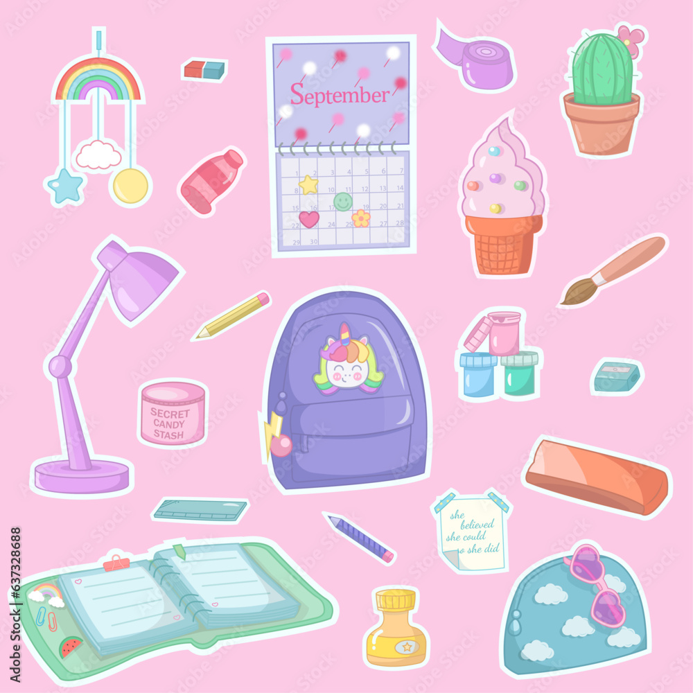 School items for girls on a pink background. Vector stickers for printing. Set of children's accessories. Set of children's toys. Baby icons set School items for girls on a pink background. Vector stickers for printing. Set of children's accessories. Set of children's toys. Baby icons set