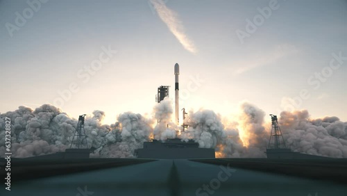 Space rocket launch from spaceport.  Space launch system. Launch of the spaceship