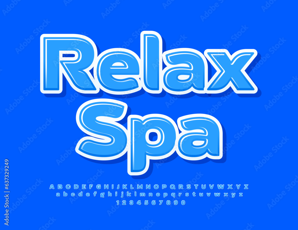 Vector wellness card Relax Spa. Elegant Blue Font. Glossy Alphabet Letters and Numbers