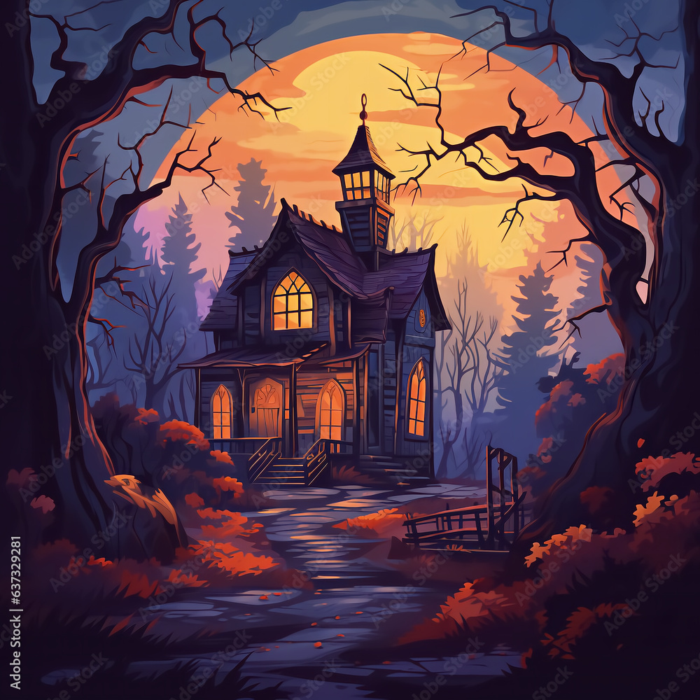 An old mystical house with ghosts among the trees and thick fog. Halloween night. Cartoon style illustration, generated by AI.
