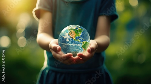 Environmental, Green, Nature, Child, Globe, Palms, Hands, Miniature, Earth, World. Closeup on two young hands of a female child holding a little fragile Earth sphere in her palms.