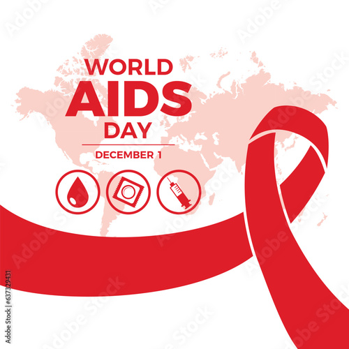 World AIDS Day on 1 December poster vector illustration. Red hiv aids awareness ribbon and medical symbols icon set vector. December 1 every year. Important day