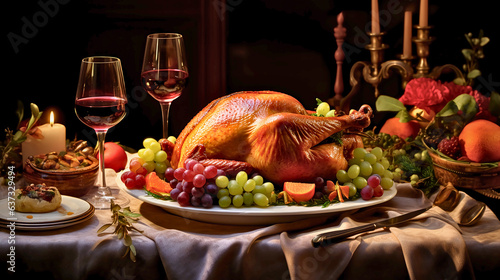 Centered Thanksgiving turkey on a table with glasses of wine, mouthwatering and perfectly cooked, under soft natural light, capturing a delectable essence.