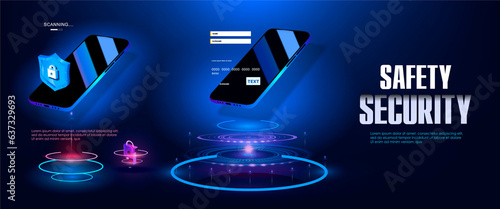 Cyber security and protection. Concept banner with smartphone. Protecting your bank account from hacking. Secure login via phone. Electronic account management via phone