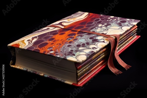 open book with visible binding and marbled endpapers photo