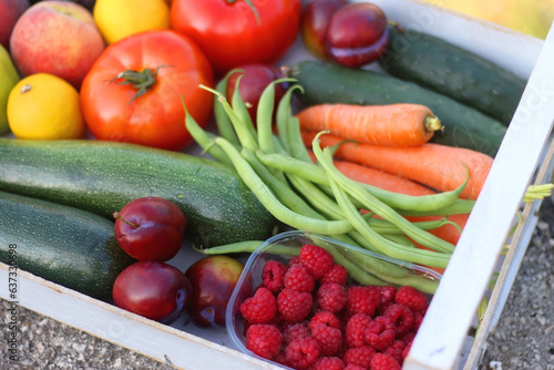 Wooden crate full of healthy seasonal fruit and vegetable  in the garden. Selective focus.