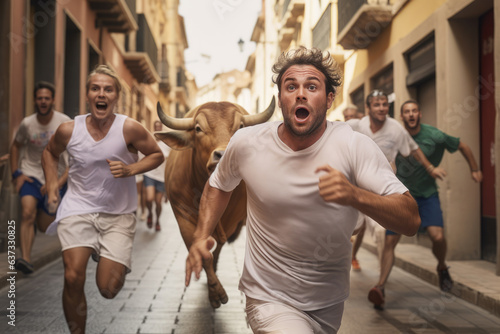 Billede på lærred Runners in Encierro, Running of bulls in Pamplona, Spain