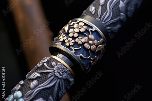 close-up of samurai sword handle with intricate details
