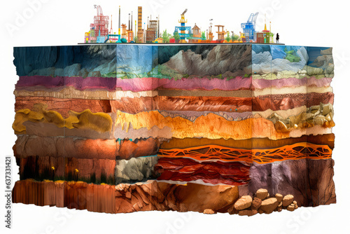 Print op canvas Spectacular Earth cross-section showcasing diverse geological layers, prominent drill descending to oil-rich layer signifies China's deep drilling operations