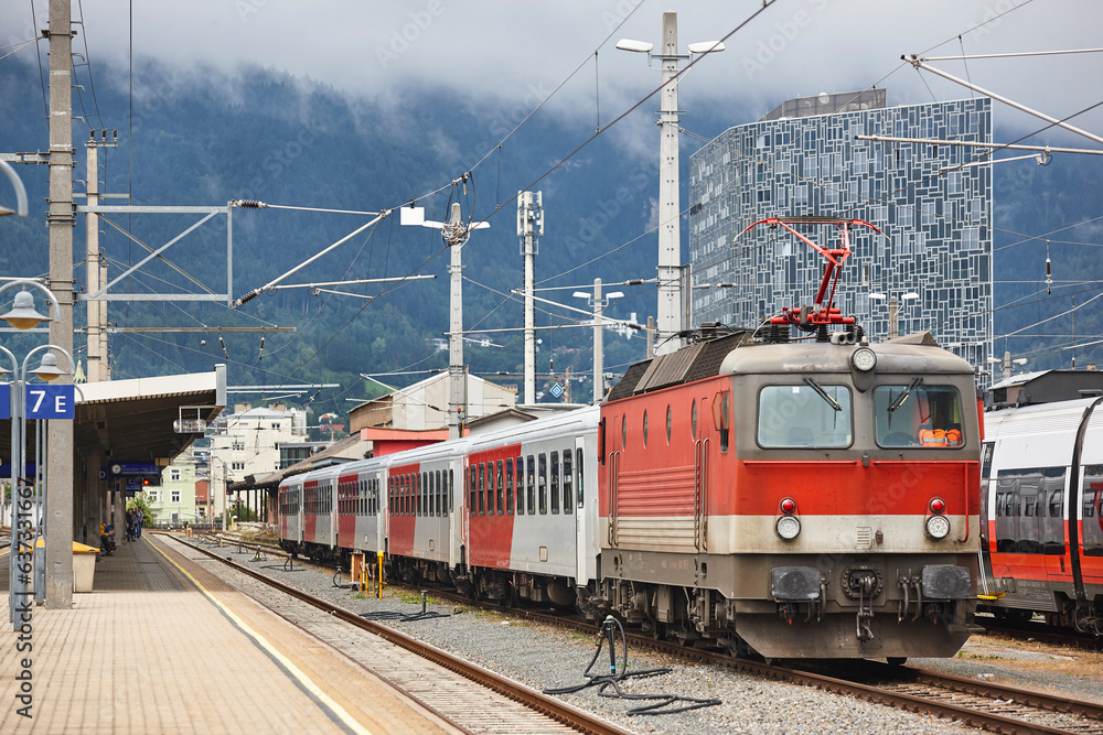 Innsbruck railway station platform. Austrian transportation. European destination