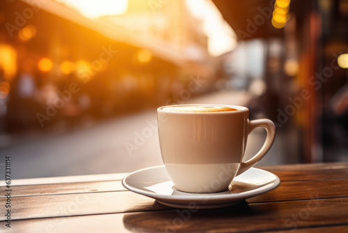 Morning coffe. White cup of coffee on table in outdoors cafe with blurred city street background