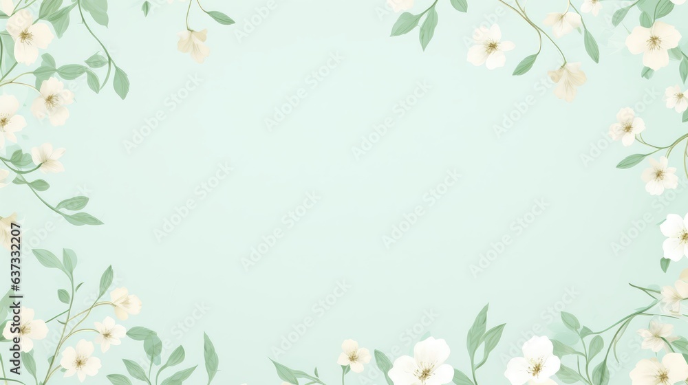 White Floral Pattern, Flowers, Wallpaper, Rectangular texture, Green, Nature, Twigs. White flowers and green leaves texture with light blue background.