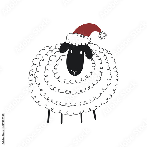 Cute doodle Christmas sheep wearing a red hat.
