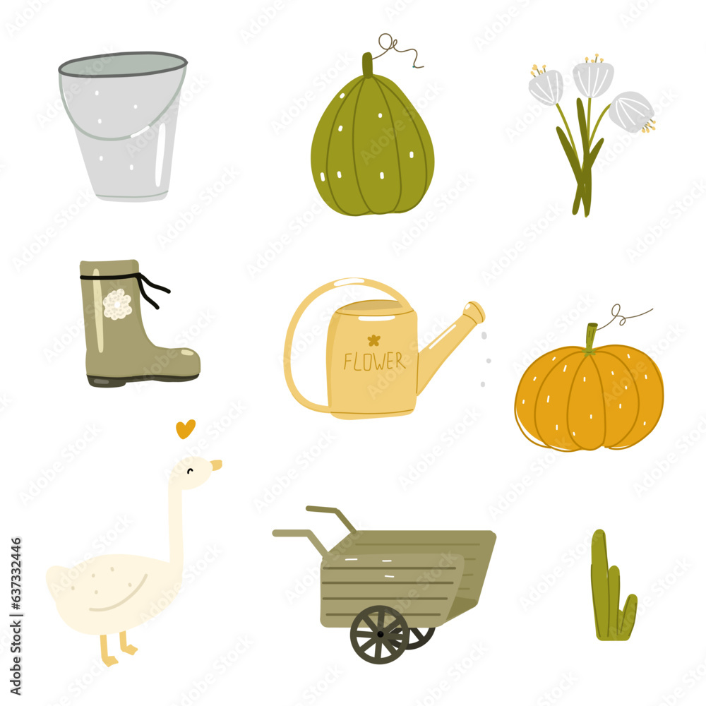 Autumn set it's time to harvest with cart, pumpkin, bucket, rubber boot, white goose, flower, watering can, vector illustration scandinavian style