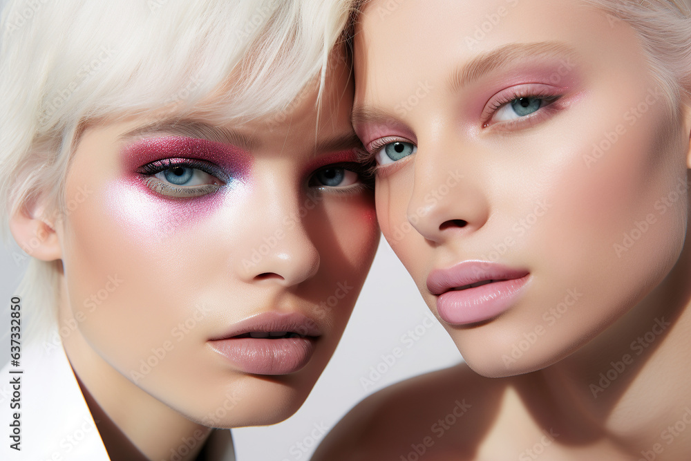 A closeup of two stylish women with bold pink makeup emphasizing their bright eyes and lips, highlighting their natural beauty with a glamorous makeover A closeup of two stylish women with bold pink makeup emphasizing their bright eyes and lips, highlighting their natural beauty with a glamorous makeover