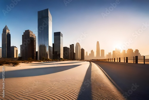 A city in the desert, a modern oasis rising from the sandy landscape. The tall skyscrapers pierce the clear blue sky, casting long shadows on the arid ground.  urban architecture © M.Arif