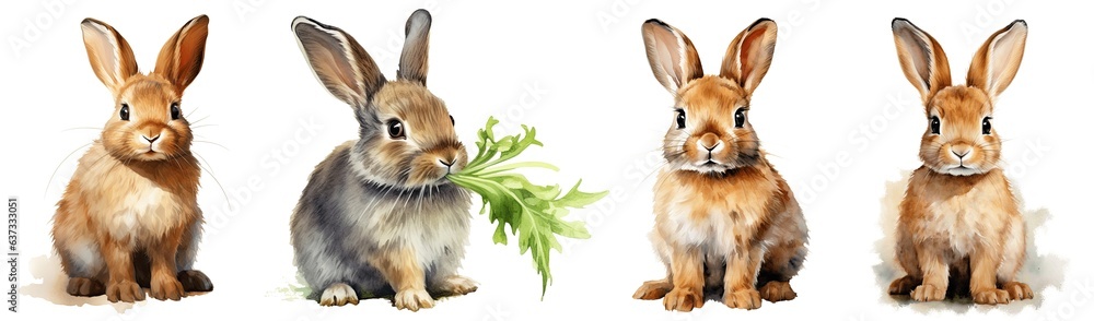 Watercolor bunnies png, illustration of isolated bunny collection, set ...