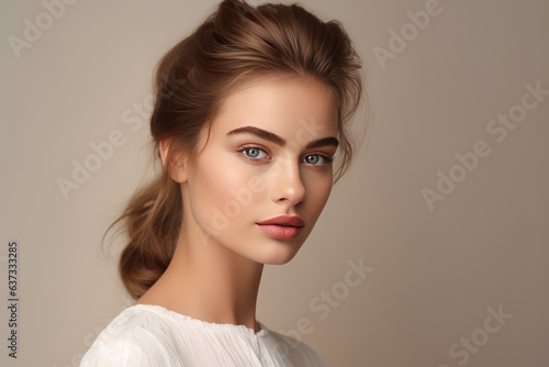 Portrait of perfect young woman isolated on light background. AI Generated.